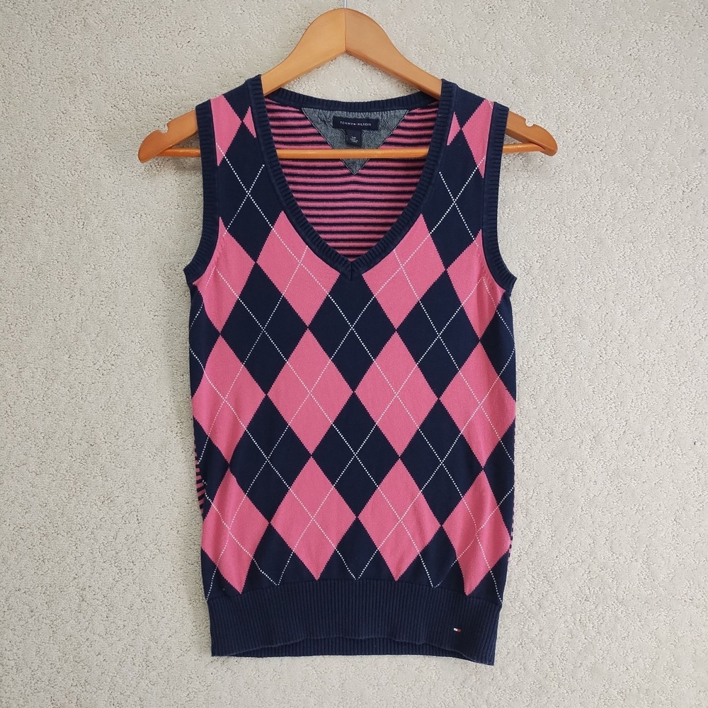 Tommy Hilfiger Sweater Vest Womens S Pink Navy Argyle V-Neck Knit Logo EUC